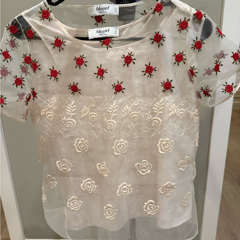 Women's Sheer Floral Top - Red and Cream